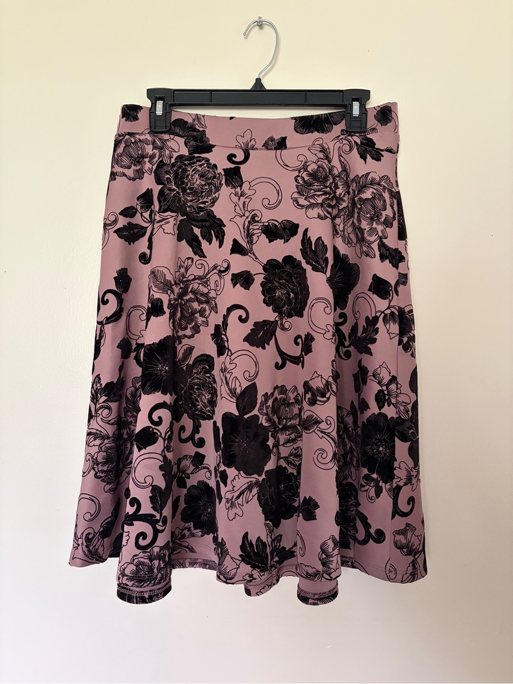 Faith and Joy Mauve Skater Skirt with Black Floral Velvet Print